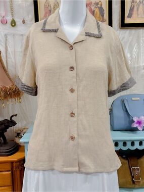 Vintage y2k boho coastal girly linen cotton blend short sleeve gingham beige top